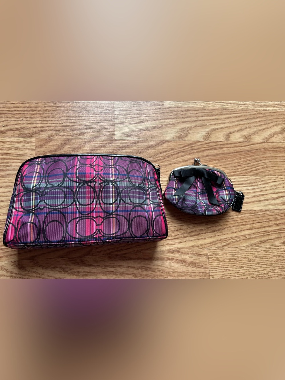 Coach Poppy tartan plaid cosmetic pouch and coin purse